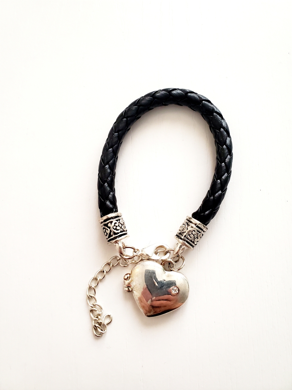 Heart Locket Braided Leather Bracelet - Black